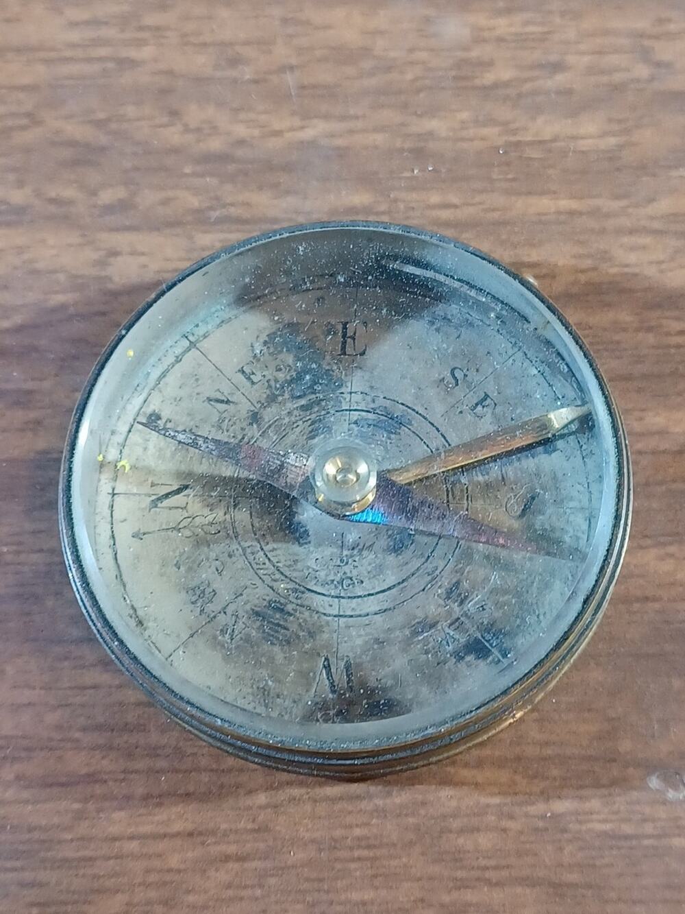 Vintage Brass Compass Bevel Glass Cover Made in France
